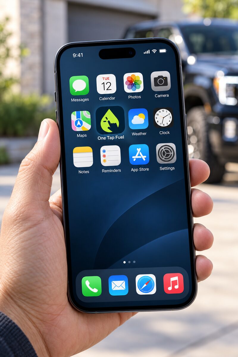 A phone showing the One Tap Fuel app icon on its home screen